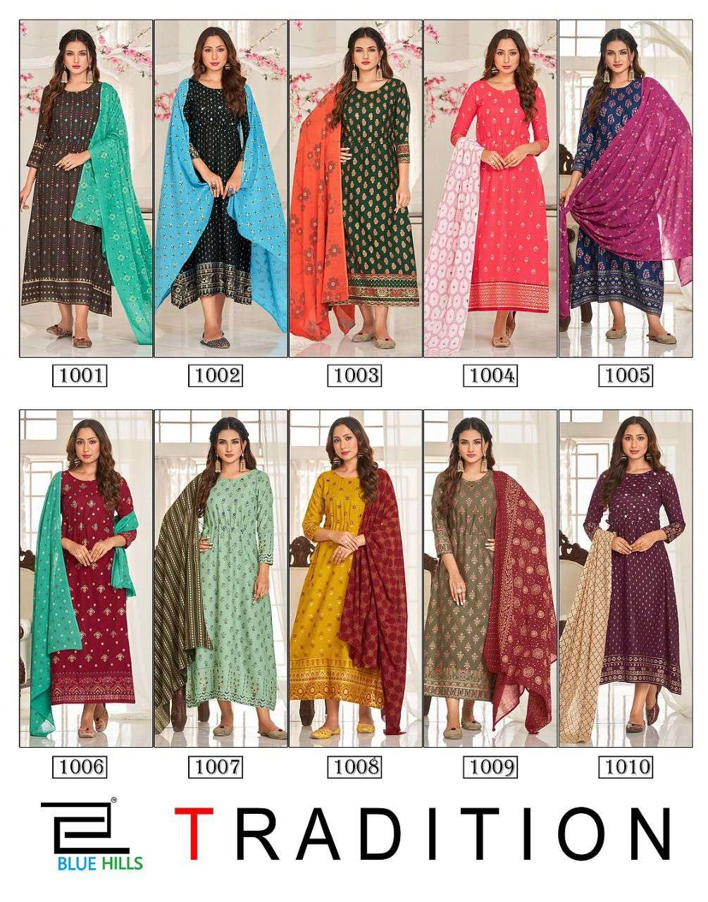 BLUE HILLS PRESENTS TRADITION 1 RAYON WITH WORK WHOLESALE GOWN WITH DUPATTA